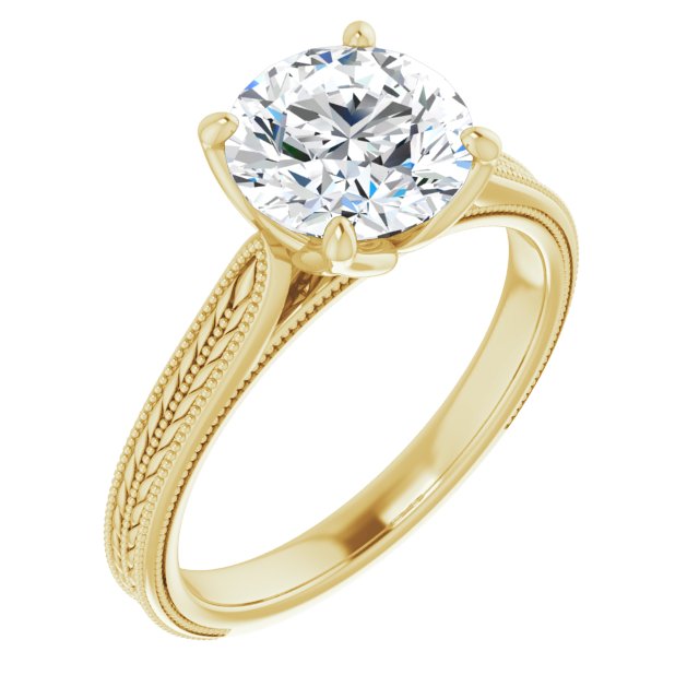 14K Yellow Gold Customizable Round Cut Solitaire with Wheat-inspired Band 