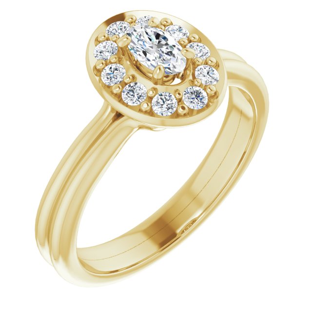 10K Yellow Gold Customizable Cluster-Halo Accented Oval Cut Style with Tapered Dual Band