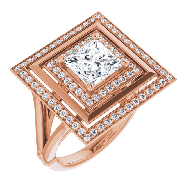 10K Rose Gold Customizable Princess/Square Cut Oversized 2x Halo Style with Knuckle Accented Split Band