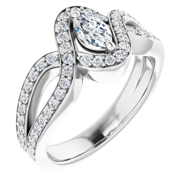 10K White Gold Customizable Marquise Cut Center with Infinity-inspired Split Shared Prong Band and Bypass Halo