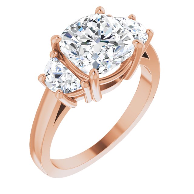 10K Rose Gold Customizable 3-stone Design with Cushion Cut Center and Half-moon Side Stones
