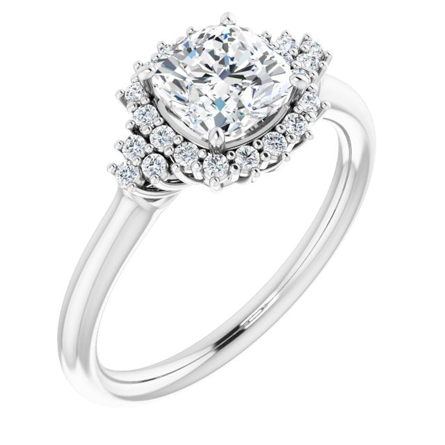 Cubic Zirconia Engagement Ring- The Winter (Customizable Cushion Cut Cathedral-Halo Design with Tri-Cluster Round Accents)