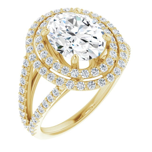 10K Yellow Gold Customizable Oval Cut Design with Double Halo and Wide Split-Pavé Band