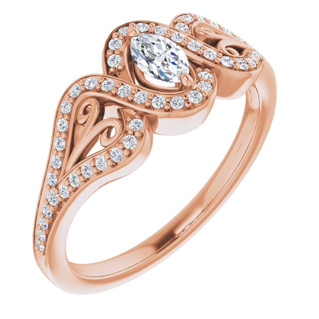 10K Rose Gold Customizable Marquise Cut Design with Bypass Halo and Split-Shared Prong Band