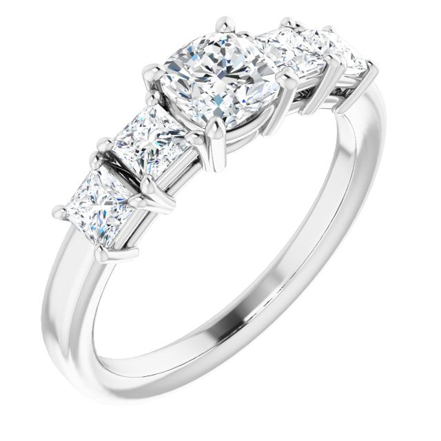 10K White Gold Customizable 5-stone Cushion Cut Style with Quad Princess-Cut Accents