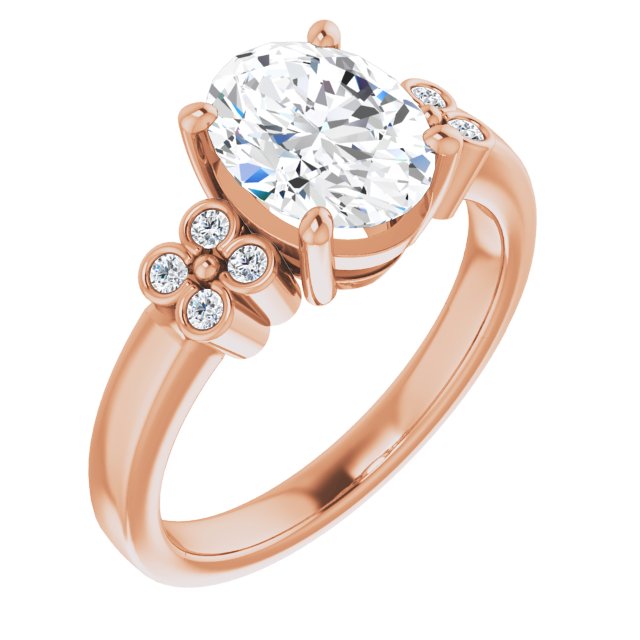 10K Rose Gold Customizable 9-stone Design with Oval Cut Center and Complementary Quad Bezel-Accent Sets
