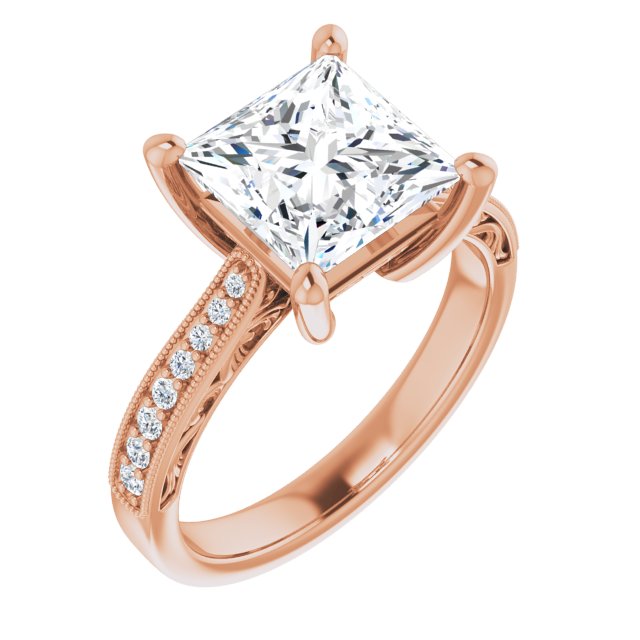 10K Rose Gold Customizable Princess/Square Cut Design with Round Band Accents and Three-sided Filigree Engraving