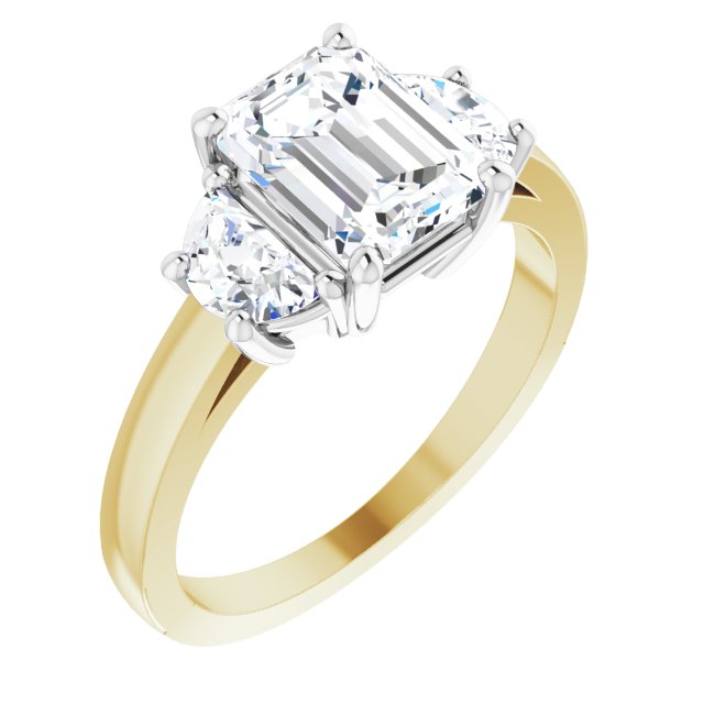 14K Yellow & White Gold Customizable 3-stone Design with Emerald/Radiant Cut Center and Half-moon Side Stones