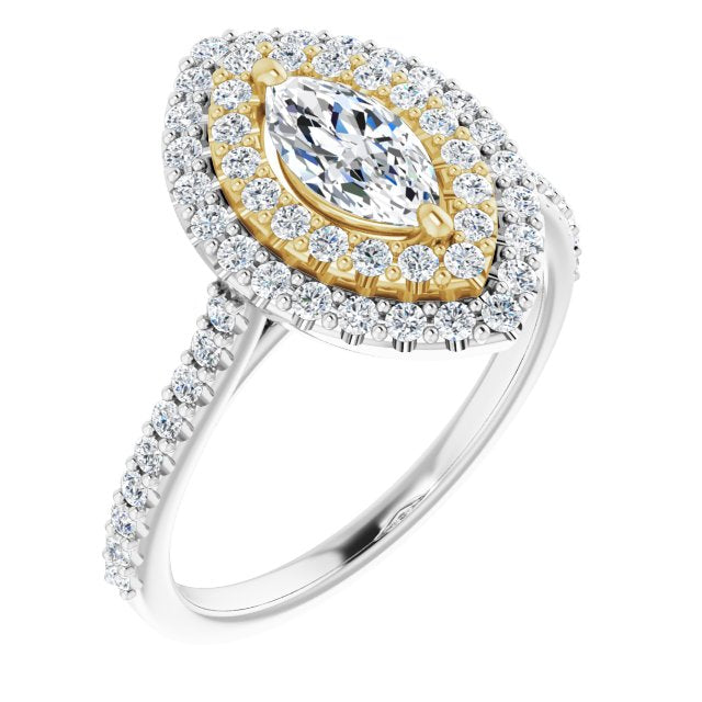 14K White & Yellow Gold Customizable Double-Halo Marquise Cut Design with Accented Split Band
