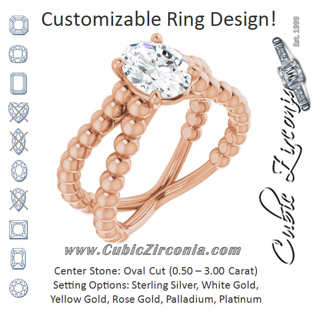 Cubic Zirconia Engagement Ring- The Isabella Noa (Customizable Oval Cut Solitaire with Wide Beaded Split-Band)