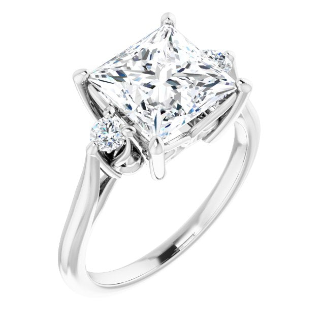 10K White Gold Customizable Three-stone Princess/Square Cut Design with Small Round Accents and Vintage Trellis/Basket