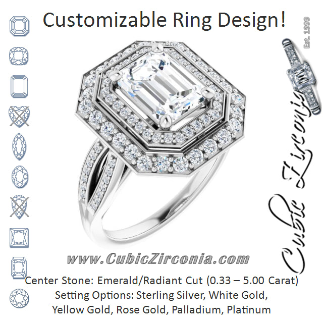 Cubic Zirconia Engagement Ring- The Henrika (Customizable Cathedral-style Radiant Cut Design with Double Halo & Split-Pavé Band)