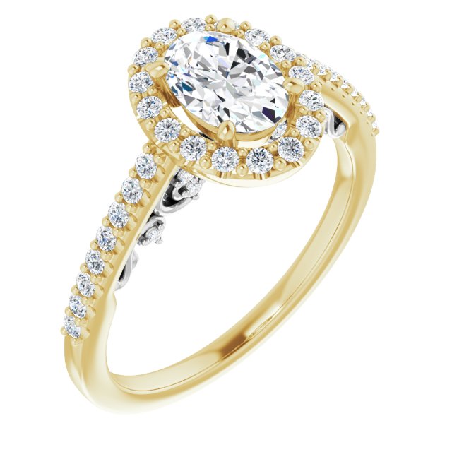 14K Yellow & White Gold Customizable Cathedral-Halo Oval Cut Design with Carved Metal Accent plus Pavé Band