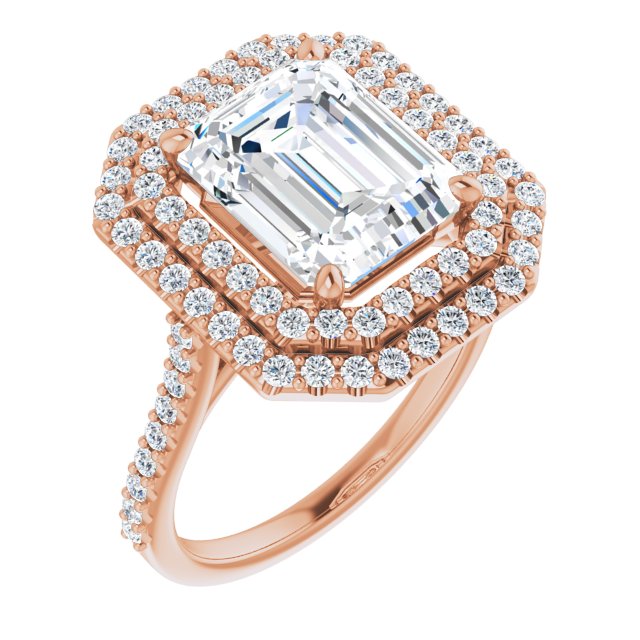 10K Rose Gold Customizable Double-Halo Emerald/Radiant Cut Design with Accented Split Band