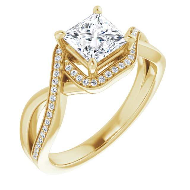 10K Yellow Gold Customizable Bypass-Halo-Accented Princess/Square Cut Center with Twisting Split Shared Prong Band
