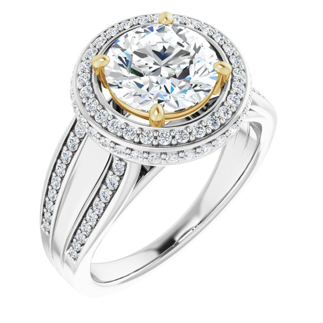 14K White & Yellow Gold Customizable Halo-style Round Cut with Under-halo & Ultra-wide Band