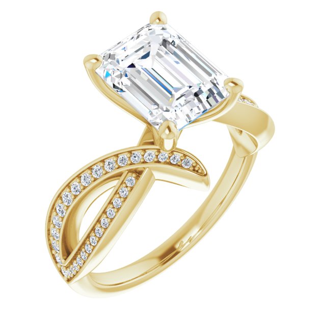 10K Yellow Gold Customizable Emerald/Radiant Cut Design with Swooping Pavé Bypass Band
