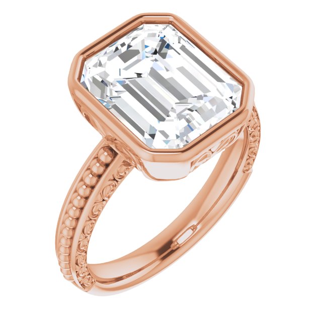 10K Rose Gold Customizable Bezel-set Emerald/Radiant Cut Solitaire with Beaded and Carved Three-sided Band