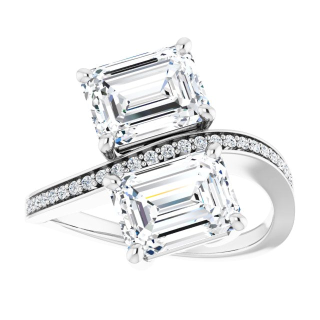 Cubic Zirconia Engagement Ring- The Ellie (Customizable 2-stone Radiant Cut Bypass Design with Thin Twisting Shared Prong Band)