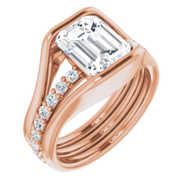 10K Rose Gold Customizable Bezel-set Emerald/Radiant Cut Style with Thick Pavé Band