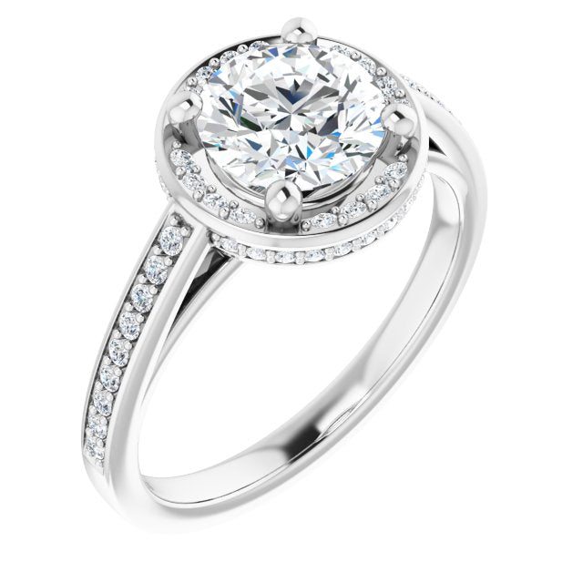 10K White Gold Customizable Cathedral-Halo Round Cut Design with Under-halo & Shared Prong Band