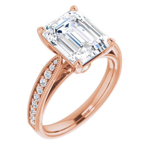 10K Rose Gold Customizable Emerald/Radiant Cut Style featuring Milgrained Shared Prong Band & Dual Peekaboos
