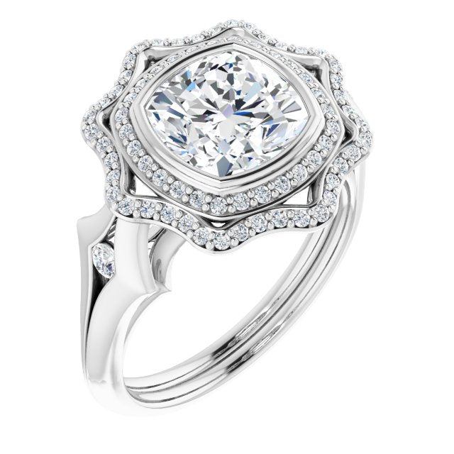 10K White Gold Customizable Cathedral-bezel Cushion Cut Design with Floral Double Halo and Channel-Accented Split Band