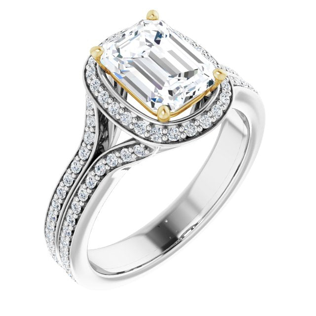 14K White & Yellow Gold Customizable Cathedral-raised Emerald/Radiant Cut Setting with Halo and Shared Prong Band