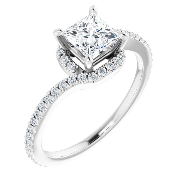 10K White Gold Customizable Artisan Princess/Square Cut Design with Thin, Accented Bypass Band