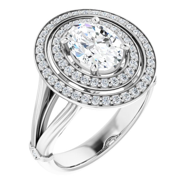 Cubic Zirconia Engagement Ring- The Cheryl (Customizable Cathedral-set Oval Cut Design with Double Halo, Wide Split Band and Side Knuckle Accents)
