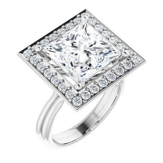 10K White Gold Customizable Cluster-Halo Accented Princess/Square Cut Style with Tapered Dual Band