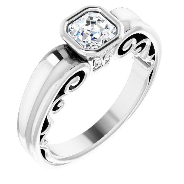 10K White Gold Customizable Bezel-set Asscher Cut Solitaire with Wide 3-sided Band