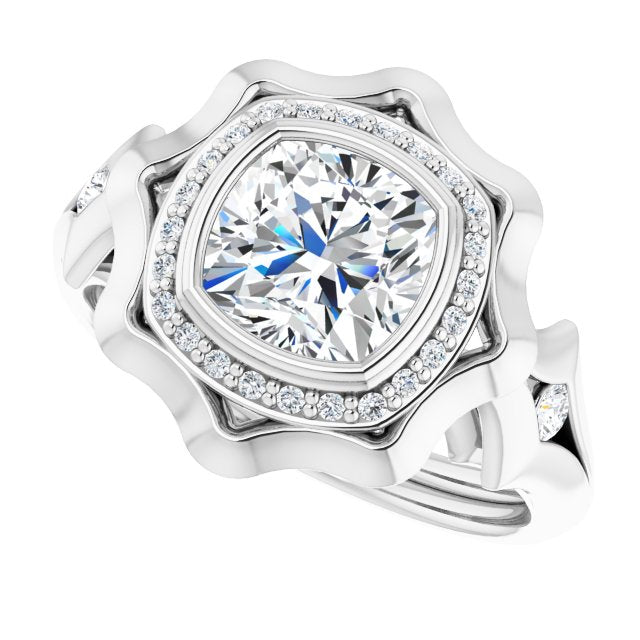 Cubic Zirconia Engagement Ring- The Jeanne (Customizable Bezel-set Cushion Cut with Halo & Oversized Floral Design)