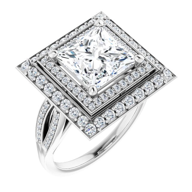 10K White Gold Customizable Cathedral-style Princess/Square Cut Design with Double Halo & Split-Pavé Band