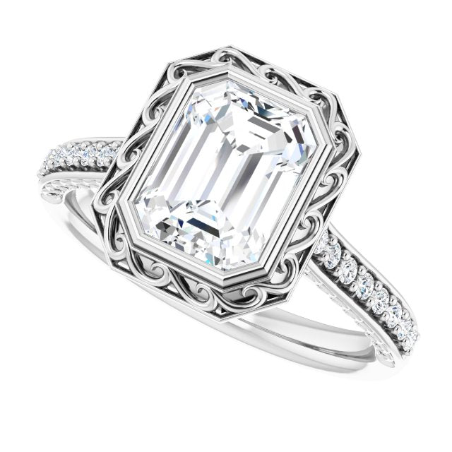 Cubic Zirconia Engagement Ring- The Itzayana (Customizable Cathedral-Bezel Radiant Cut Design featuring Accented Band with Filigree Inlay)