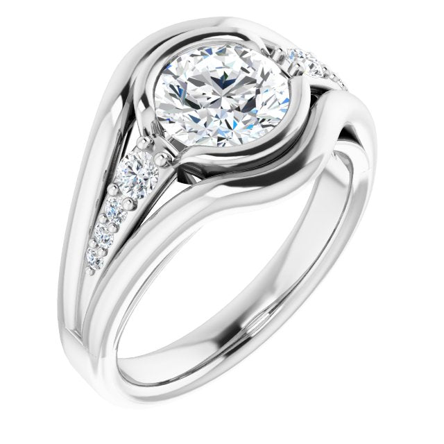 10K White Gold Customizable 9-stone Round Cut Design with Bezel Center, Wide Band and Round Prong Side Stones