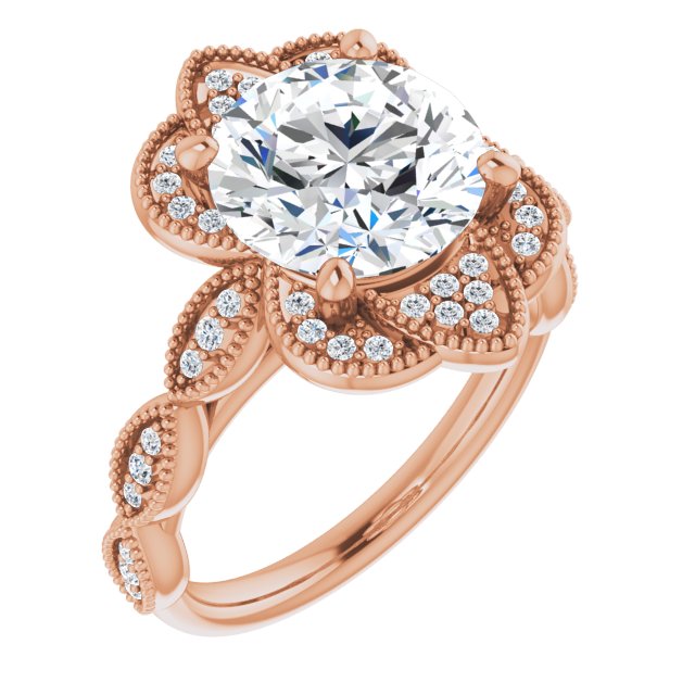 10K Rose Gold Customizable Cathedral-style Round Cut Design with Floral Segmented Halo & Milgrain+Accents Band