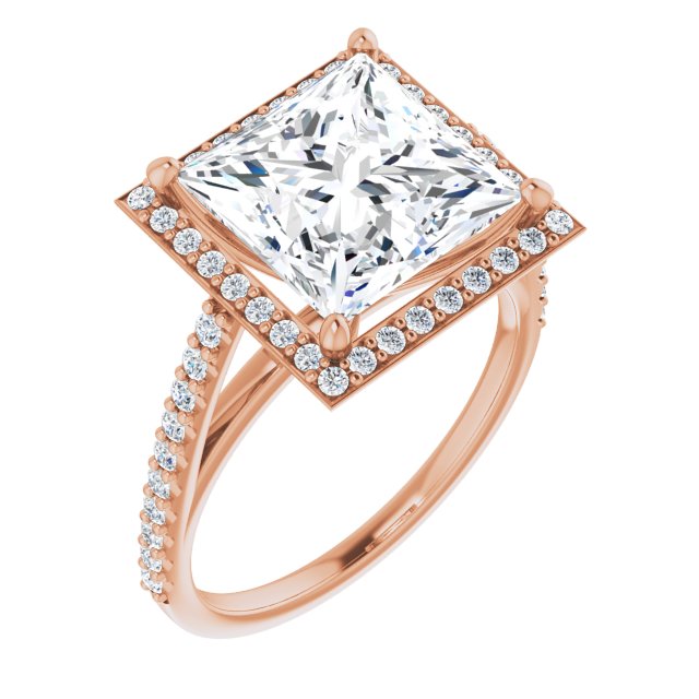 10K Rose Gold Customizable Princess/Square Cut Design with Halo and Thin Pavé Band