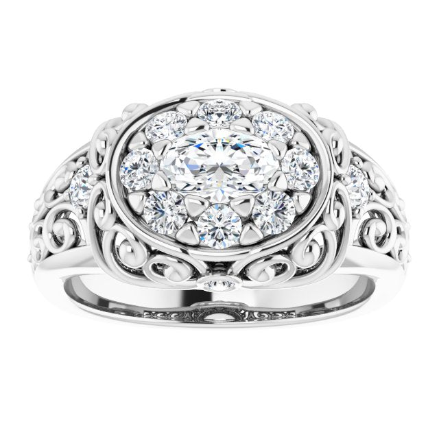 Cubic Zirconia Engagement Ring- The Vanessa (Customizable Oval Cut Halo Style with Round Prong Side Stones and Intricate Metalwork)