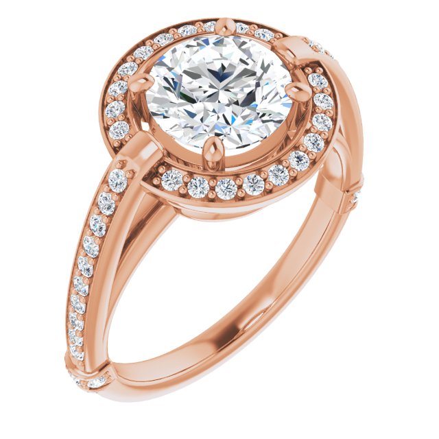 10K Rose Gold Customizable High-Cathedral Round Cut Design with Halo and Shared Prong Band