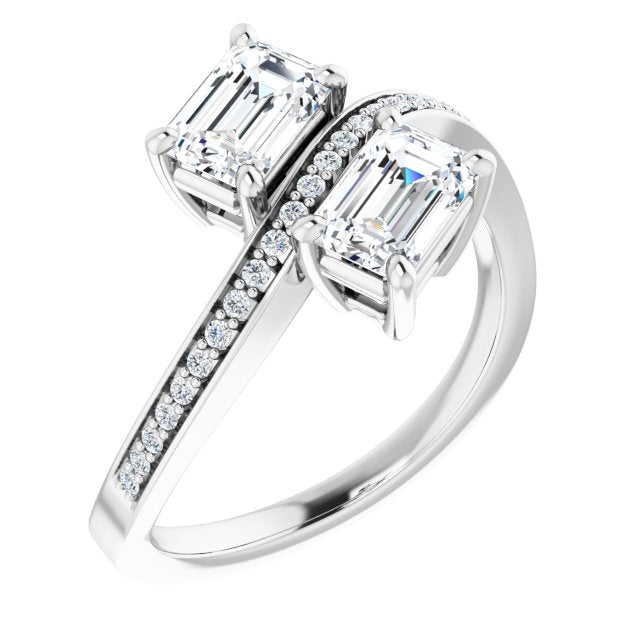 10K White Gold Customizable 2-stone Emerald/Radiant Cut Bypass Design with Thin Twisting Shared Prong Band