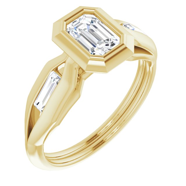 10K Yellow Gold Customizable Bezel-set Emerald/Radiant Cut Design with Wide Split Band & Tension-Channel Baguette Accents