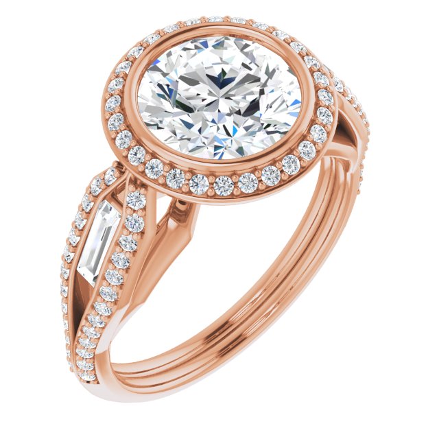 14K Rose Gold Customizable Cathedral-Bezel Round Cut Design with Halo, Split-Pavé Band & Channel Baguettes