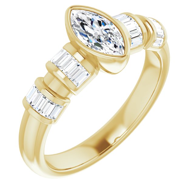 10K Yellow Gold Customizable Bezel-set Marquise Cut Design with Quad Horizontal Band Sleeves of Baguette Accents