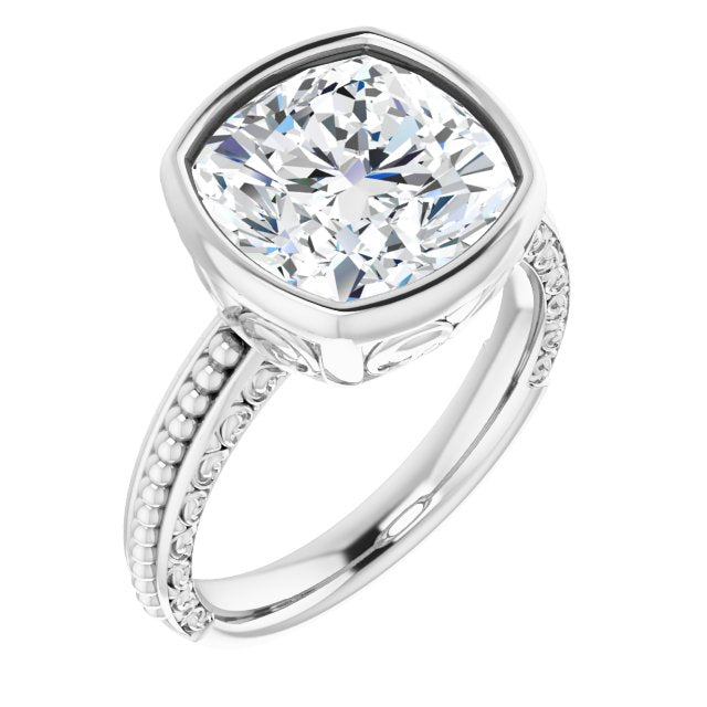 10K White Gold Customizable Bezel-set Cushion Cut Solitaire with Beaded and Carved Three-sided Band