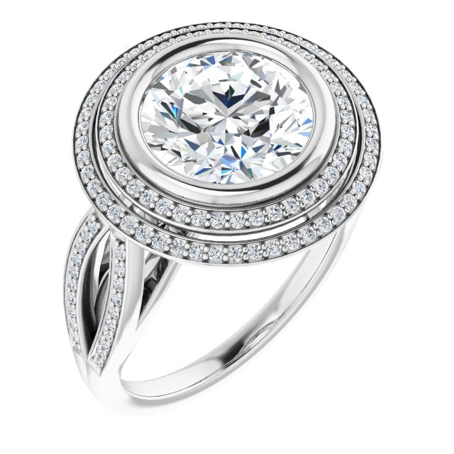 10K White Gold Customizable Bezel-set Round Cut Style with Double Halo and Split Shared Prong Band