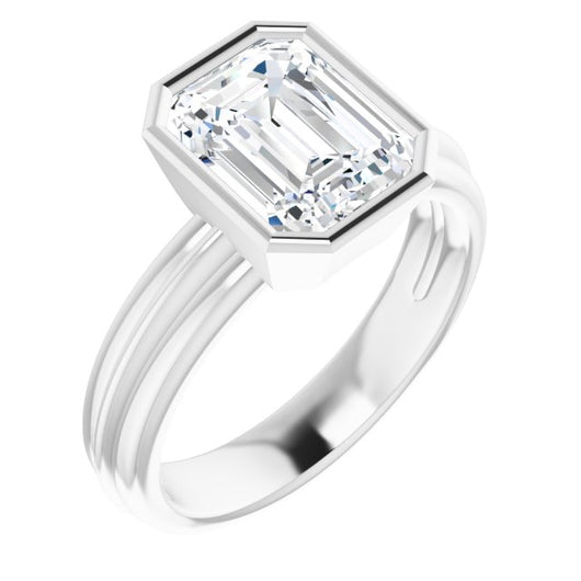 10K White Gold Customizable Bezel-set Emerald/Radiant Cut Solitaire with Grooved Band