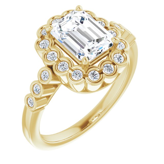 Cubic Zirconia Engagement Ring- The Berkley (Customizable Emerald Cut Design with Round-bezel Halo and Band Accents)