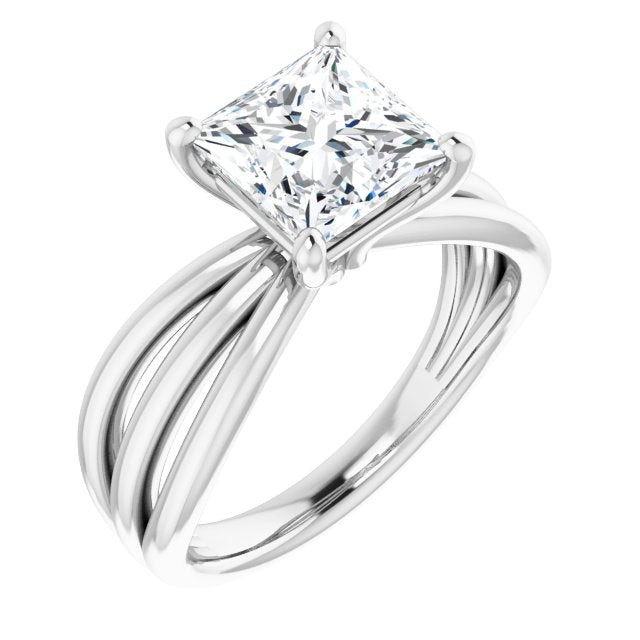 10K White Gold Customizable Princess/Square Cut Solitaire Design with Wide, Ribboned Split-band