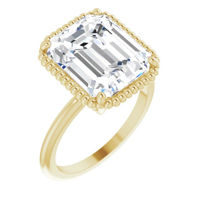 10K Yellow Gold Customizable Emerald/Radiant Cut Solitaire with Beaded Metallic Milgrain